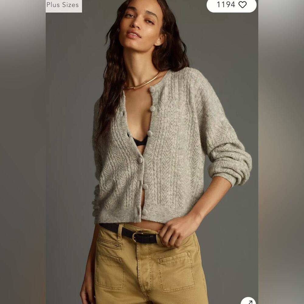 Anthropologie Pointelle Grey Cardigan Sweater Wool Blend Size L / Elevated Basic